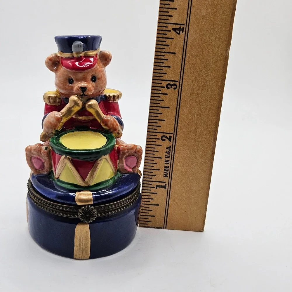 VTG Teddy Bear Drummer Hinged Trinket Box Ceramic Toy Soldier Mini Drum
